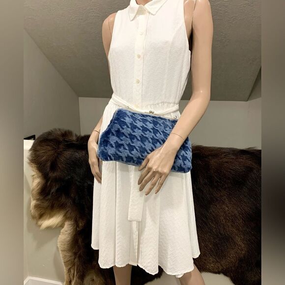 Blue Houndstooth Genuine Shearling Leather Kisslock Handbag, Multi Use Style - Picture 12 of 16